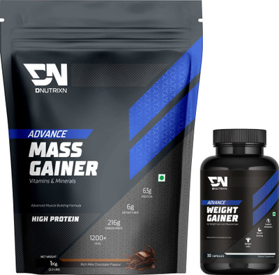 DNUTRIXN Advance Mass Gainer with High Protein, Digestive Enzyme, Multivitamin+ Weight Gainers/Mass Gainers(1 kg, 30 Capsules, Chocolate)
