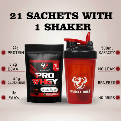 MUSCLEBOLT Pro Whey Powder With Shaker Fast Muscle Support & Recovery 1 Serving 24g Protein Whey Protein(33 g, Double Chocolate)