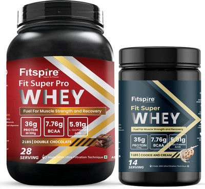 Fitspire Fit Super Pro & Nitra Whey Protein | 36g & 35g Protein Per 100g| Whey Protein(1.36 kg, Doube Chocolate, Cookie Cream)