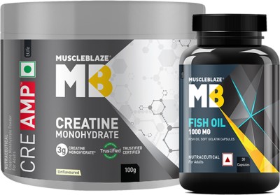 MUSCLEBLAZE Creatine Monohydrate CreAMP with CreAbsorb& Omega 3 Fish Oil Capsules 1000mg Creatine(100 g, 30 Capsules, Unflavoured)