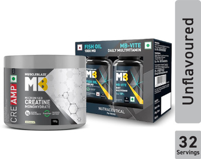 MUSCLEBLAZE Micronised Monohydrate CreAMP, MB-Vite Daily Multivitamin & Omega 3 Fish Oil Creatine(100 g, 60 No, Unflavoured)