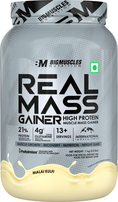 BIGMUSCLES NUTRITION Real Mass Gainer | High Protein Muscles Mass Gainer | Added BCAA, Glutamine Weight Gainers/Mass Gainers(1 kg, Malai Kulfi)
