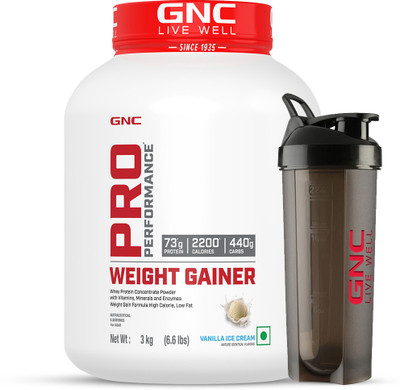 GNC Pro Performance Weight Gainer & Black shaker Weight Gainers/Mass Gainers(3 kg, Vanilla Ice Cream)