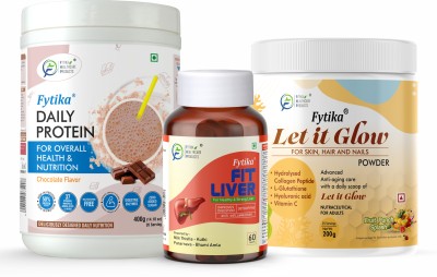 FYTIKA Daily Protein Chocolate-400G + Fit Liver-60Tabs + Let it Glow Fruit Punch-200G Protein Blends(600 g, CHOCOLATE)