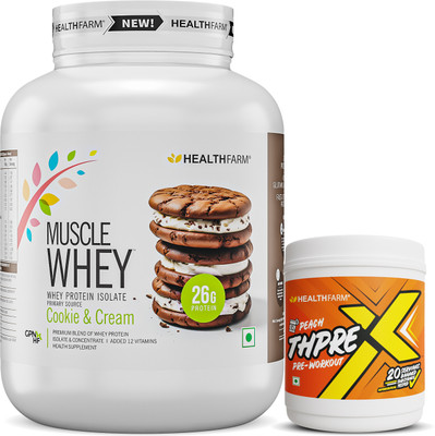 HEALTHFARM Muscle whey Protein 1.8 Cookies & Cream & Preworkout 250g Peach Combo Whey Protein(1.8 kg, Cookies & Cream)