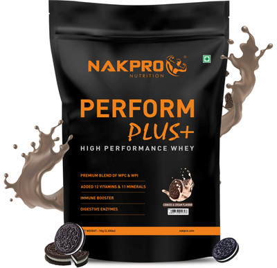 Nakpro PERFORM PLUS+ | 24g Protein | Concentrate & Isolate with Digestive Enzymes Whey Protein(1 kg, Cookies & Cream)