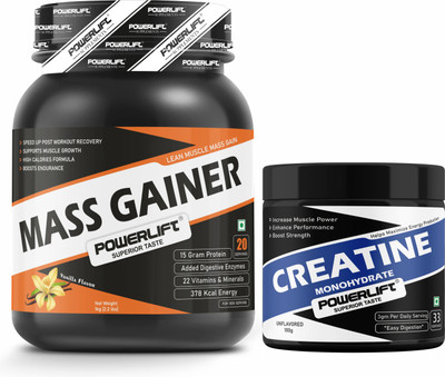 POWERLIFT Mass Gainer 1kg with Creatine Unflavoured 100gm Combo Pack Weight Gainers/Mass Gainers(1.1 kg, Vanilla)