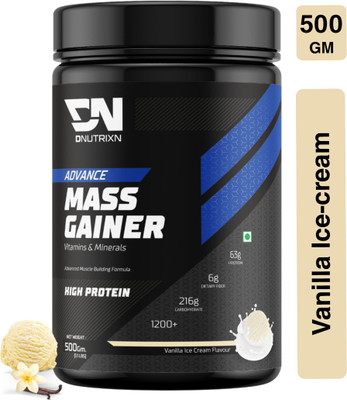 DNUTRIXN Advance High Protein Mass Gainer |Protein 63G, Calories 1200+Kcal |Multivitamin+ Weight Gainers/Mass Gainers(500 g, Vanilla Ice Cream)
