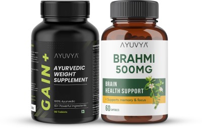 Ayuvya Ayurvedic Gain+ Weight Gainer & Brahmi Capsules, Combo Kit (Pack of 2) Weight Gainers/Mass Gainers(90 Capsules, No Flavour)