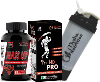 Mass Up Mysha Nutrition Power Pack of MassUP & Test HD Pro Combo| with Shaker| Weight Gainers/Mass Gainers(120 Capsules, Unflavored)
