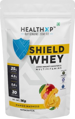 HEALTHXP Shield Whey Protein Powder 25g Protein, 12 Herbal Boosters, 5.6g BCAA Whey Protein(1 kg, Mango)