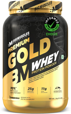 BIGMUSCLES NUTRITION Premium Gold Whey | 25g Protein Per Serving, 0g Sugar,5.5g BCAA Whey Protein(1 kg, Smooth Banana Cream)