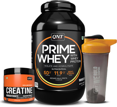 QNT Prime Whey 2kg with Creatine 90g & Shaker | High-Protein Combo for Muscle Gain Whey Protein(2.2 kg, Kesar Kaju Pista)