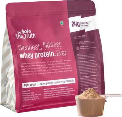 The Whole Truth Light Cocoa 1 kg|24g Protein|6.6g BCAA Whey Protein(1 kg, Light Cocoa)