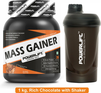 POWERLIFT for Muscle Mass Gain with Shaker, High Protein with Multivitamins Weight Gainers/Mass Gainers(1 kg, Rich Chocolate)