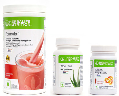 HERBALIFE Formula 1 Shake Strawberry Flavor+ Aloe Plus Tablet And Afresh Cinnamon Flavor Protein Shake(600 g, Strawberry Flavor)