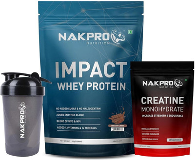 Nakpro Impact Whey Protein 1kg, 24g Protein with Creatine Unflavoured 100g & Shaker Whey Protein(1.1 kg, Chocolate + Unflavoured + Shaker)