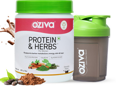 OZiva Protein & Herbs for Women |Manage Weight & Metabolism| Reduce Body Fat |No Sugar Whey Protein(453 g, Chocolate + Free Green Shaker)