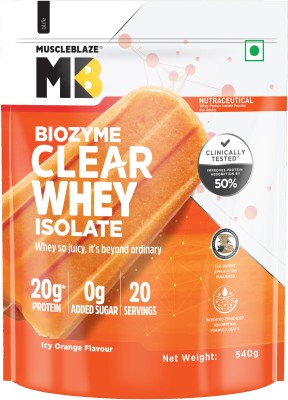 MUSCLEBLAZE Biozyme Clear Whey Isolate, 20g Protein Whey Protein(540 g, Icy Orange Flavour)