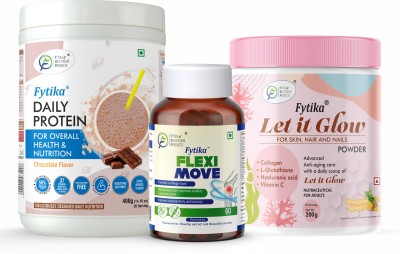 FYTIKA Daily Protein Chocolate -400G + Flexi Move-60 Tabs + Let it Glow Pineapple-200G Protein Blends(400 g, CHOCOLATE)