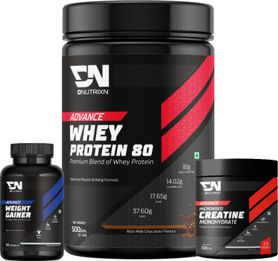 DNUTRIXN Advance Whey80 Protein + Weight Gainer Capsules 30N + Creatine 100g Combo Pack Whey Protein(500 g, 30 No, 100 g, chocolate)