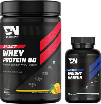 DNUTRIXN Advance Whey Protein 80 + Weight Gainer Capsules Combo Pack Whey Protein(500 g, 30 Capsules, Mango Delight)