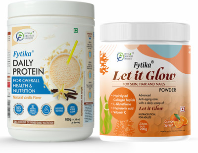 FYTIKA HEALTHCARE PRODUCTS Fytika Daily Protein Powder Vanilla & Let it Glow Collagen Orange - 400G, 200G Protein Blends(600 g, Vanilla)