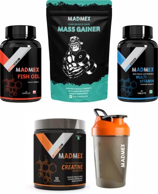 MADMEX Shaker + Creatine + Fish Oil Omega3 + Multivitamin Tablets + Mass Gain Weight Gainers/Mass Gainers(100 g, 30 Capsules, 30 No, 1 kg, Chocolate)