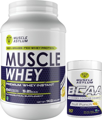 Muscle Asylum Premium Whey Protein 1kg Banana & Bcaa Powder 300gm Fruit Punch Whey Protein(1.3 kg, Banana, Fruit Punch)