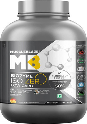 MUSCLEBLAZE Biozyme Iso-Zero, Low Carb Isolate, 27 g Per Scoop Whey Protein(2 kg, Tropical Mango)