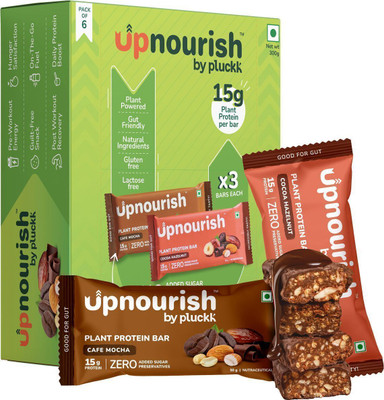 Upnourish By Pluckk 15G Plant Protein Bar, No Added Sugar & Preservative, Gut Friendly, Pack of 6 Protein Bars(300 g, Cocoa Hazelnut, Cafe Mocha)