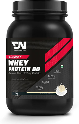 DNUTRIXN Advance High Whey Protein 80 with Digestive Enzyme, Multivitamin, BCAA Whey Protein(1 kg, Vanilla Ice Cream)