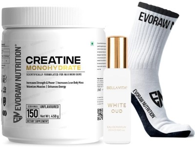 EVORAW NUTRITION Creatine 150 Servings For Max.Gains With Free Bellavita Perfume & Dri-FIT Socks Creatine(450 g, Unflavoured)