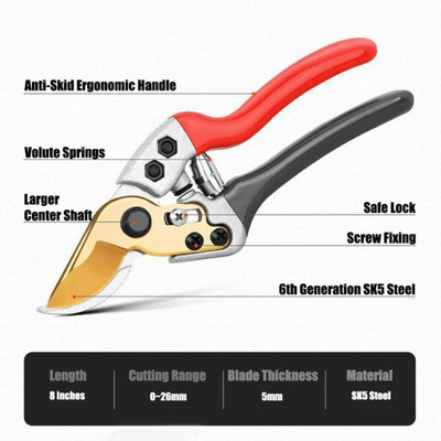 uptodatetools 8-Inch Pruning Shears, Premium Bypass Gardening Scissors Secateurs with Ergonomic Handle, Hand Pruner Branch Clippers Bypass Pruner(Manual)