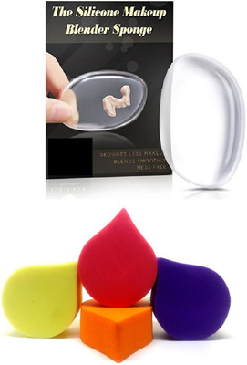 Out Of Box Pure Silicone Makeup Jelly Liquid Foundation Applicator And Pack Of 4 Imported Make Up Blending Cosmetic Conceler Powder Sponge Puff