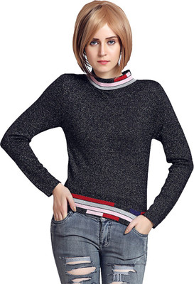 MODA ELEMENTI Turtle Neck Self Design Women Pullover