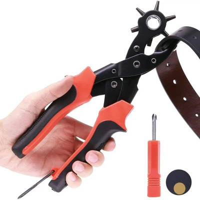 TCKW Revolving Leather Punch Pliers – Heavy Duty Belt Hole Puncher Tool with 6 Sizes Punches & Punching Machines(Set Of 1, Black, Red)