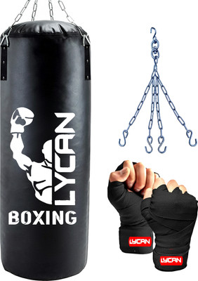 LYCAN 2Ft Unfilled Heavy Black Boxing Bag with Steel Chain & Hand wrap Hanging Bag(2 feet, 2 inch)