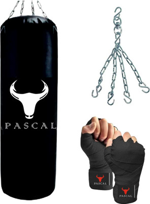 Pascal 2Ft Unfilled Black Professional Boxing Bag with Steel Chain & Hand wrap Hanging Bag(2 Feet, 24 inch)