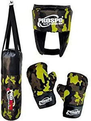 PROSPO Boxing Set for Junior Champ (Punching Bag/Glove/Headgear) 1-8 yrs (Army set) Hanging Bag(Heavy, 20 inch)