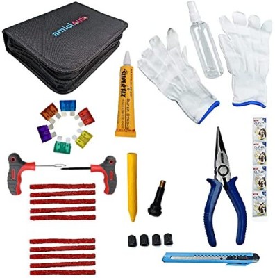 amiciAuto Puncture Repair Complete Kit For Car and Bike Complete Tyre Repair Kit With Easy Storage Nylon Black Bag And Extra Strip Tubeless Tyre Puncture Repair Kit