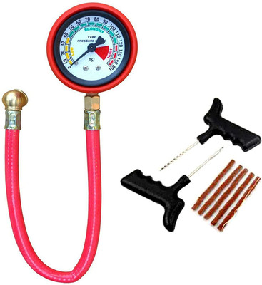 SEAHORSE POLYMERS Analog Tire Pressure Gauge Tire Pressure Gauge with Tyre Puncture Kit (200 PSI) Tubeless Tyre Puncture Repair Kit