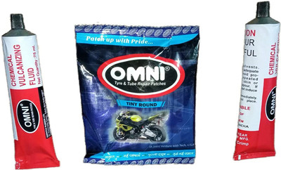 GANESHA INDUSTRIES Tyre & Tube Puncture Repair Patches Tinny Round 100Pcs with Omni CVF 75ml (2Pcs) Tubed Tyre Puncture Repair Kit
