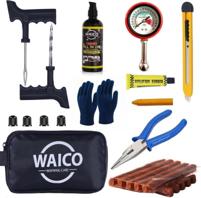 WAICO 11 in 1 Universal Flat Tire Repair Tool With Polish, Gauge Etc. for Car & Bike Tubeless Tyre Puncture Repair Kit