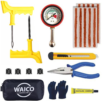 WAICO 9 in 1 Universal with Tyre Guage, Tools, Plier, Knife, Puncture Strips, Bag Etc Tubeless Tyre Puncture Repair Kit