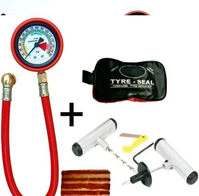 PRIDE Analog 200PSI Tire Pressure Gauge with FREE JK-KIT SET Tubeless Tyre Puncture Repair Kit