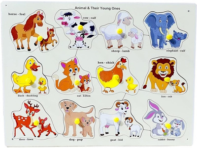 jaraglobal Animals and Their Babies wooden Knobs Puzzle with Picture Learning Tray for Kid(12 Pieces)