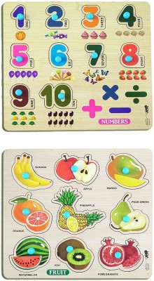 GREST Mini Wooden Numbers and Fruits Puzzle with Knobs, Learning Game For Kids(2 Pieces)