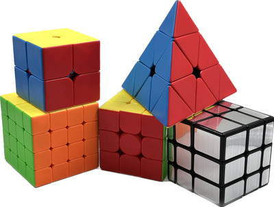 D ETERNAL Speed Cube Combo Set 2X2 3x3 4x4 Silver Mirror and Pyramid Puzzle Cubic Combo(5 Pieces)