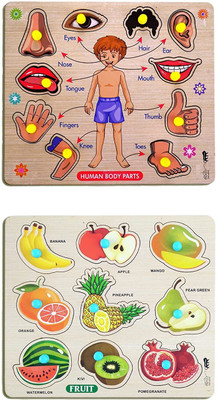 GREST Mini Wooden Human Body Parts and Fruits Puzzle with Knobs Game For Kids(2 Pieces)